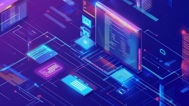 Abstract digital technology interface with illuminated geometric shapes - Powered by Adobe