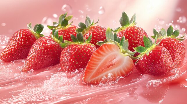 Close-up of juicy strawberries with pink splash. Ultra-realistic, fresh, vibrant, appetizing look.