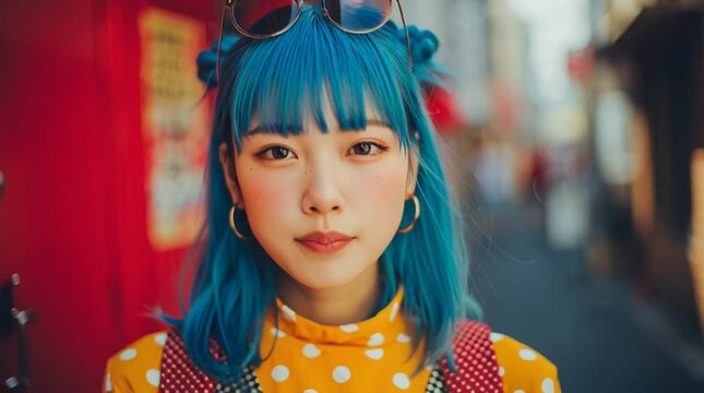 a portrait of blue hair japanese 18 years girlYoung Japanese woman with blue hair looking at the camera