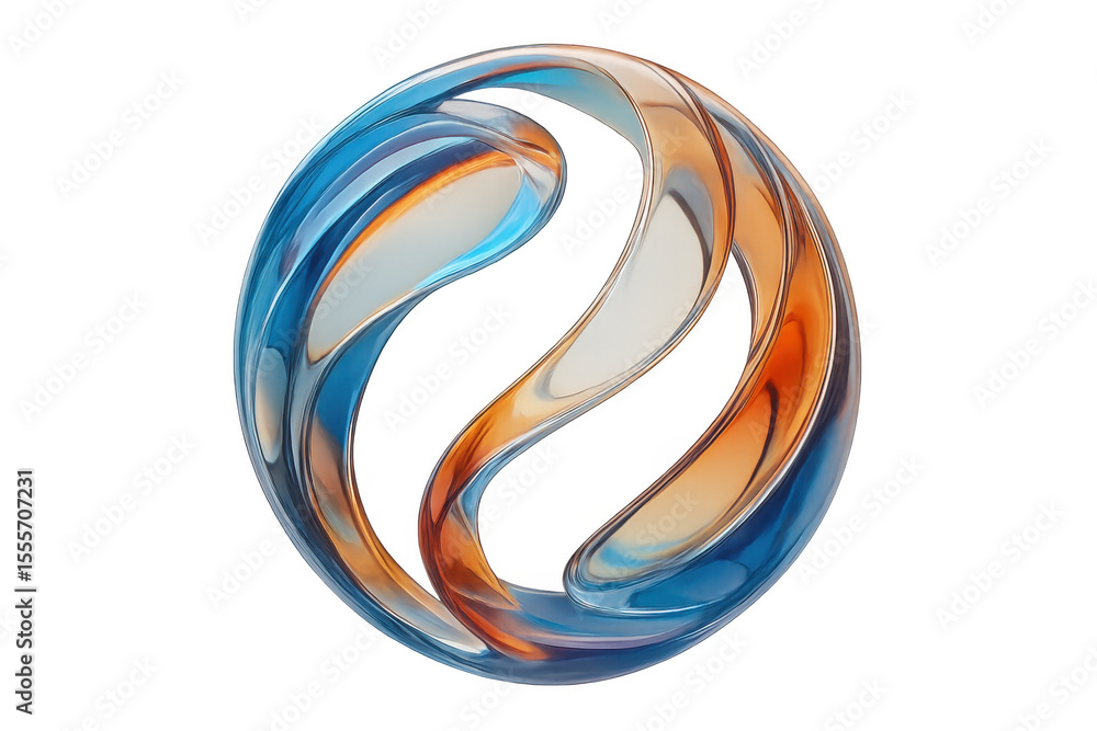 Fototapete orange and blue glossy swirls intertwining and creating a dynamic sphere, perfect for modern and fut