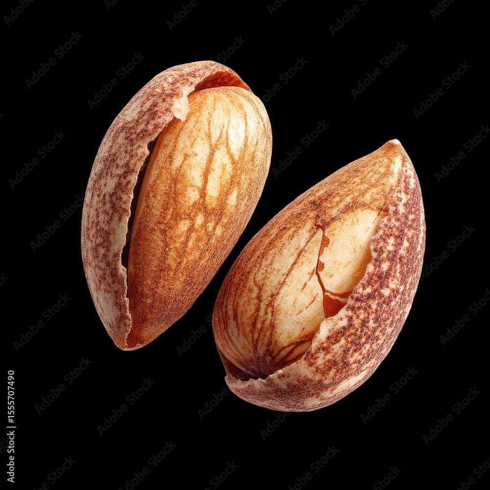 Poster close-up view of split nuts on black background for culinary use