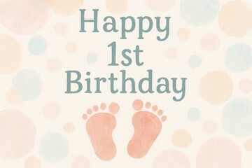 Cute first birthday card, baby footprints, celebratory design, milestone birthday