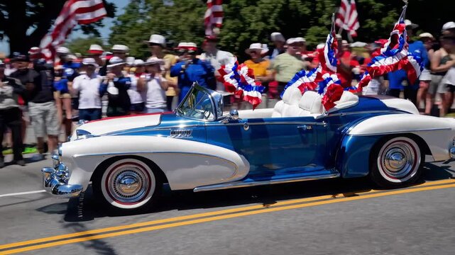 Blue and white vintage convertible car decorated with american flags, driven by a senior man in a parade, followed by a marching band and surrounded by cheering spectators