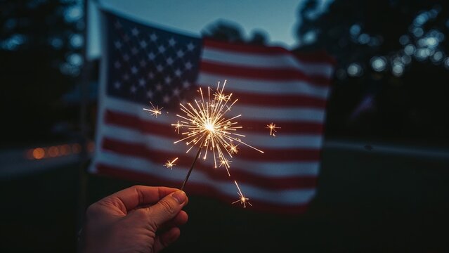 Intimate Close-Up of a Hand Holding a Lit Sparkler with a Blurred American Flag in the Background, Capturing the Festive Spirit of a Nighttime Celebration. - Powered by Adobe