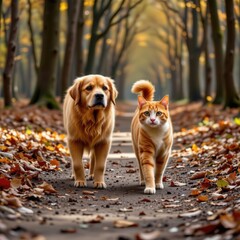 Playful Golden Retriever and Ginger Cat Walking Together on a Leaf-Covered Path in Autumn Forest