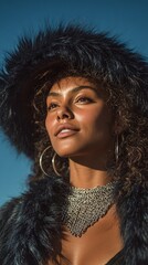 Fashion Photography.Model in faux fur hat and metal necklace gazes upward against a clear sky, highlighting beauty, fashion, and unique style.