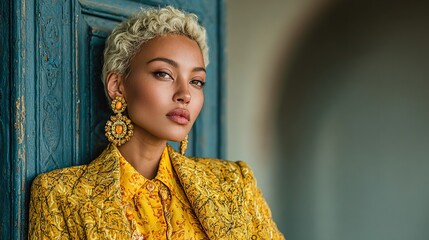 Fashion Photography.Elegant woman with blonde curly hair, adorned with yellow earrings and a patterned jacket, posing by a blue door. Serene, fashionable.