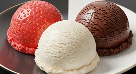 Three scoops of ice cream: strawberry, vanilla, and chocolate on a plate. Perfect for summer, dessert menus, sweet treats, and food advertisements. Fresh and tasty. 