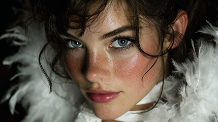 Fashion Photography.Close up portrait of a woman with stunning eyes and soft features, framed by white feathers, capturing natural beauty and elegance.