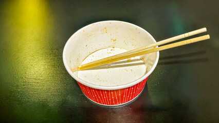 Empty ramen bowl with chopsticks on a reflective surface symbolizing consumption