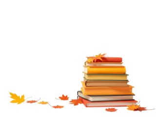 Stack of books with autumn leaves orange yellow red books fall foliage study reading literature education isolated on a transparent background
