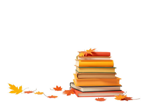 Stack of books with autumn leaves orange yellow red books fall foliage study reading literature education isolated on a transparent background