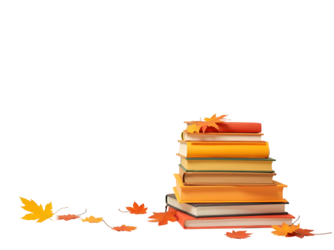 Stack of books with autumn leaves orange yellow red books fall foliage study reading literature education isolated on a transparent background