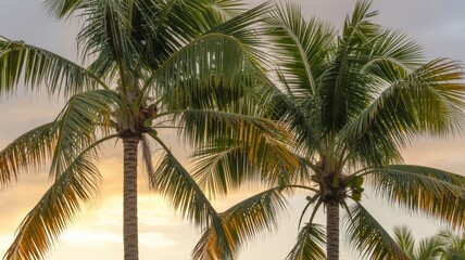 Tropical palm trees at sunset with warm golden sky and lush green fronds