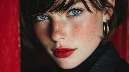Fashion Photography.Striking portrait of a woman with blue eyes and freckles, accented by red lipstick and stylish hoop earrings. Classic beauty.