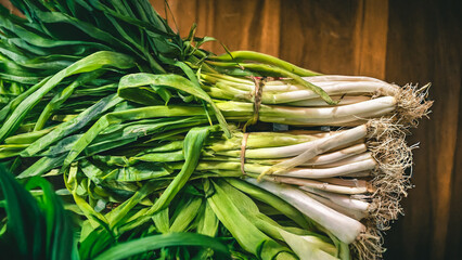 Close-up fresh onion leaf in the group