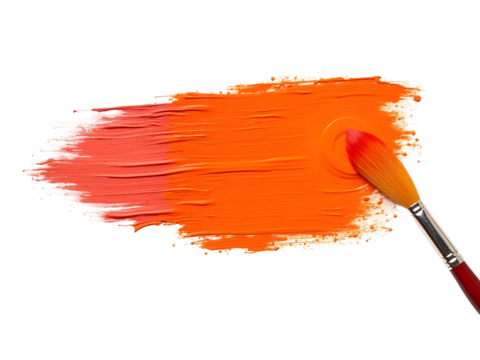 Vivid Orange and Coral Paint Stroke with a Detailed Paintbrush isolated on a transparent background