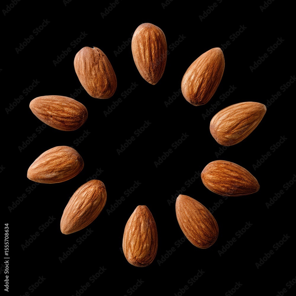 Poster almonds arranged in circular pattern on black background