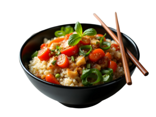 Photorealistic Still Life of a Delicious Bowl of Chicken and Vegetable Stir Fry Served Over Pearl Couscous Garnished with Basil and Green Onions Isolated on a transparent background