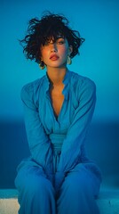 Fashion Photography.Captivating portrait of a woman in a flowing blue dress against a blue background, radiating peaceful beauty and artistic expression.