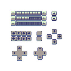 Set of pixel art interface elements in retro 8-bit style, including directional buttons, D-pads, sliders, and plus minus keys, video game HUD design, fantasy RPGs, retro-inspired projects.