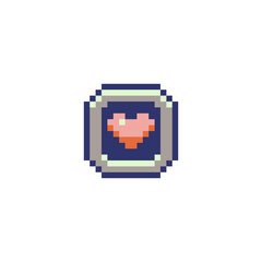 Minimalist pixel art heart icon in 8-bit retro style, enclosed in a rounded square frame. Perfect for video game UI, health indicators, nostalgic games, or digital pixel art collections.