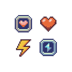 pixel art icons in 8-bit retro style, health, energy symbols, lightning bolts, framed, ideal for use in video game HUDs, RPG interfaces, or pixel-based UI design.