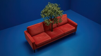 Red sofa with tree on blue floor in minimalist surreal art setting