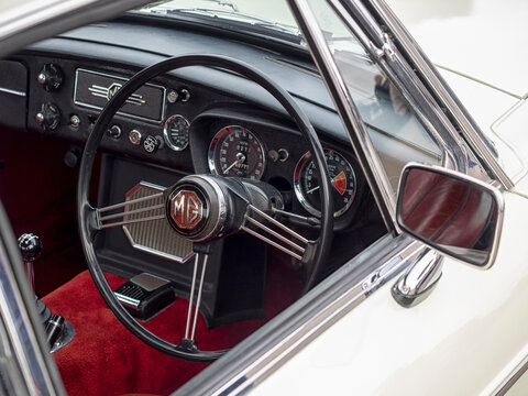 SOUTHEND-ON-SEA, ESSEX, UK - APRIL 15, 2018:  Interior and steering wheel detail of MGC classic sports car