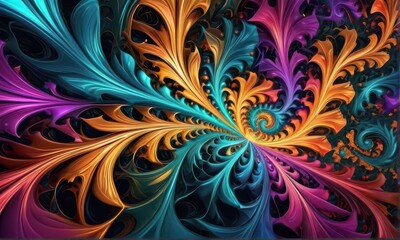 Abstract Fractal Art Swirling Teal, Purple, Orange, and Gold Patterns