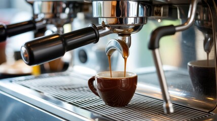 Espresso coffee brewing from machine into brown cup in cafe setting