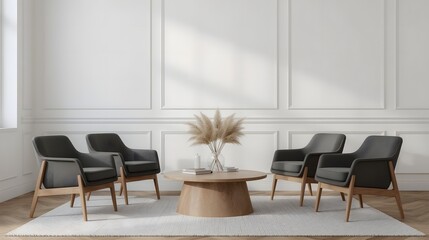 Modern minimalist living room interior: four gray armchairs, light wood coffee table, pampas grass, neutral color palette, serene mood.