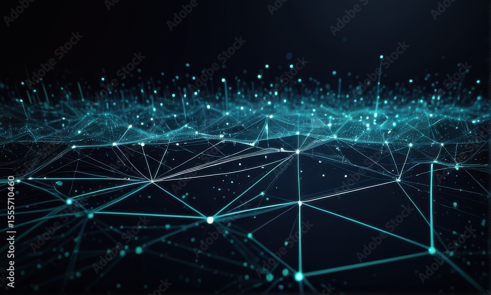 Poster abstract teal network glowing nodes and lines on dark background