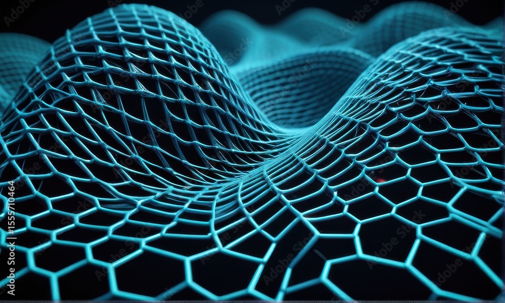 Aufkleber abstract teal hexagonal mesh grid wave pattern on black background