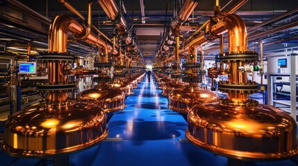 Industrial Brewery Interior with Copper Pipes and Equipment