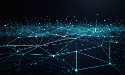 Abstract Teal Network Glowing Nodes and Lines on Dark Background