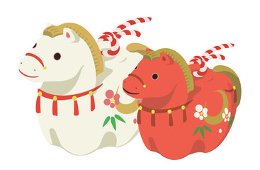 かわいい馬の土鈴のイラスト（紅白セット）