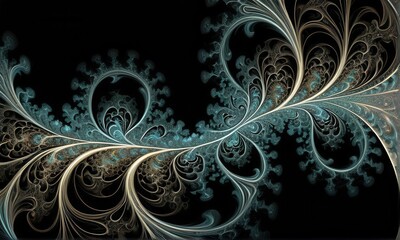 Teal and Gold Abstract Fractal Art on Black Background