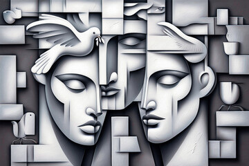 Minimalist Bas-Relief Loving Couple with Doves