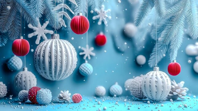 A close plan of festive jewelry, including shiny balls of different colors (red, black, silver and gold), snowflakes, bright ornaments and fluffy elements.