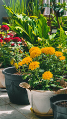 Vibrant botanical arrangement featuring assorted flora in an outdoor setting during daylight