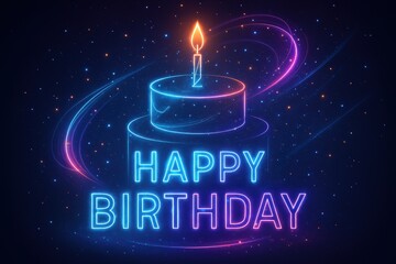 Neon Happy Birthday with glowing lights, futuristic design, vibrant birthday celebration