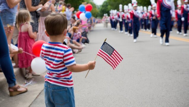 A Young Child Waves an American Flag in Excitement During a Colorful Parade with Marching Bands and Festive Decorations All Around