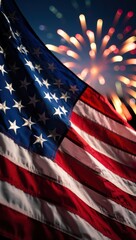 A Vibrant Display of Patriotism: The American Flag Captivated Against a Backdrop of Dazzling Fireworks Illuminating the Night Sky