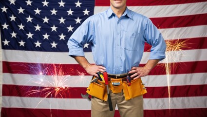 Proud Craftsman in Front of American Flag with Tools, Celebrating Independence and Craftsmanship in a Symbolic Display of National Pride