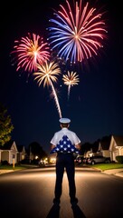 Patriotic Celebration: A Military Figure Watches Spectacular Fireworks Exploding in the Night Sky Over a Quiet Neighborhood