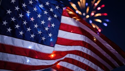 A Vibrant Independence Celebration: The American Flag Lit Up by Colorful Fireworks in the Night Sky, Symbolizing Freedom and Unity
