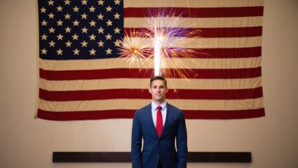 A Confident Professional Standing Tall Against an American Flag with a Celebration of Sparklers Emerging from His Head, Symbolizing Inspiration and Patriotism