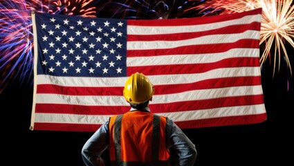 Patriotic Display: A Construction Worker Admiring Fireworks Against the Backdrop of an American Flag in a Celebratory Moment