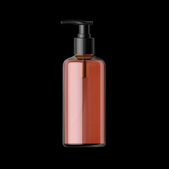 Transparent Pump Bottle with Brown Liquid on Black Background
